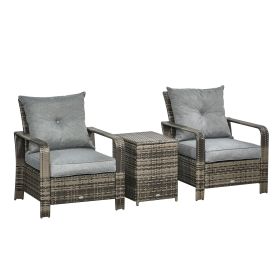 3-Piece Outdoor Furniture Set with Grey Wicker Chairs, Padded Seats & Storage Side Table