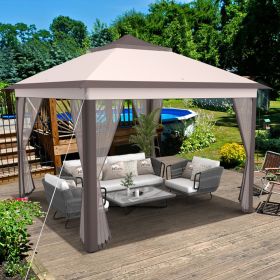 11 x 11 Feet 2-Tier Pop-Up Gazebo Tent Portable Canopy Shelter Carry Bag Mesh (Color: Beige)