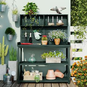 65" Large Wooden Farmhouse Rustic Outdoor Potting Bench Table; Patio Workstation; Garden Potting Bench with 4 Storage Shelves and Side Hook (Color: Forest Green)